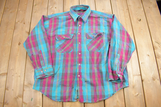 Vintage 1980s Mighty-Mac Plaid Flannel Button Up Shirt / Vintage Flannel / Basic Button Up / Heavy Weight / Blue and Purple