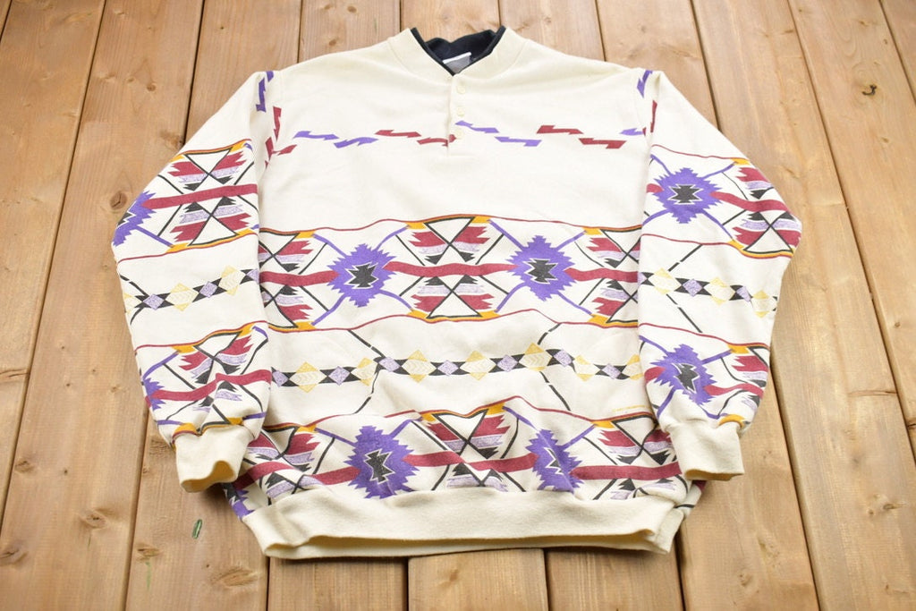 Vintage 1990s Aztec Pattern Quarter Button Up Sweatshirt