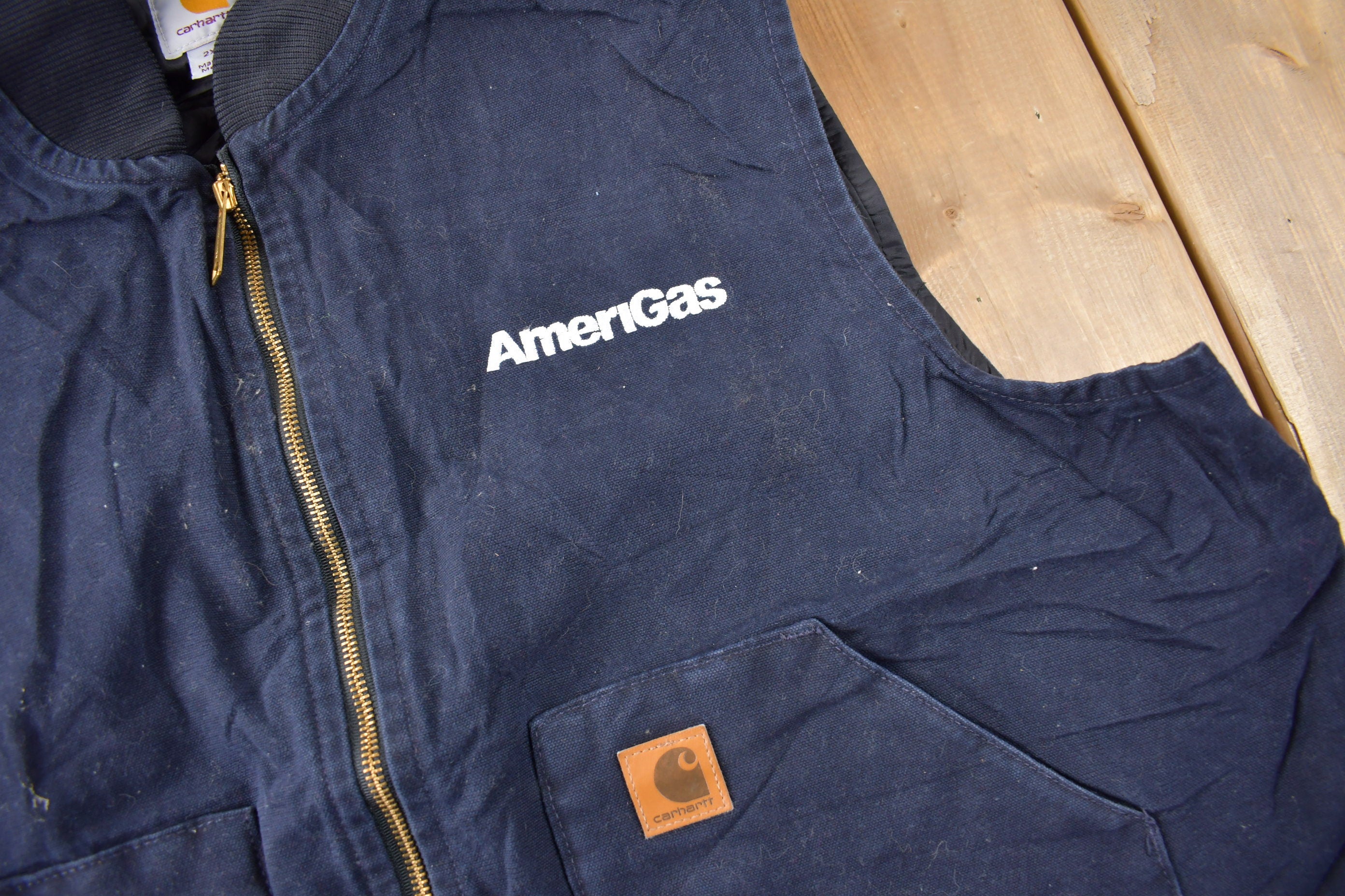 Vintage 1990s Carhartt Blue Embroidered Quilted Work Vest Size 2XL