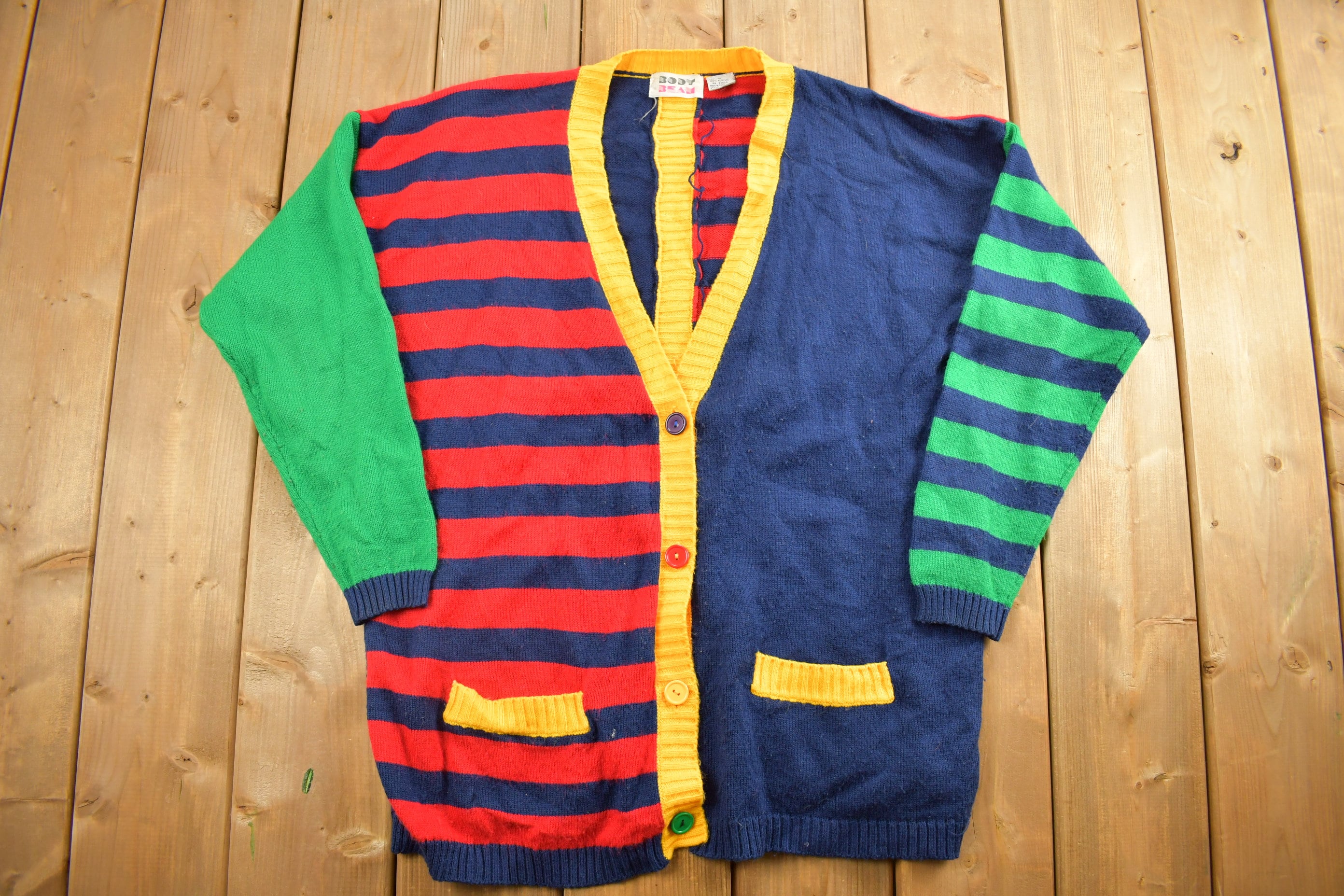 Vintage 1990s Color Block Striped Knitted Cardigan Sweater