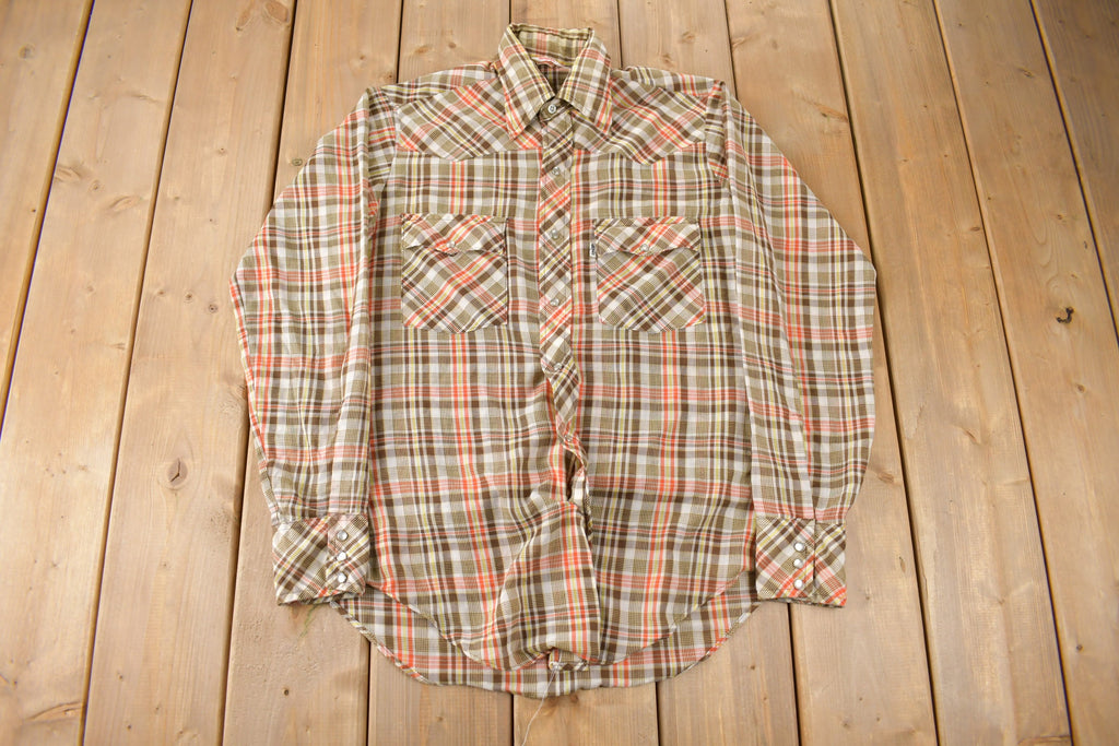 Vintage 1970s Levi's Pearl Snap Western Style Plaid Button Up Flannel Shirt Made in Canada