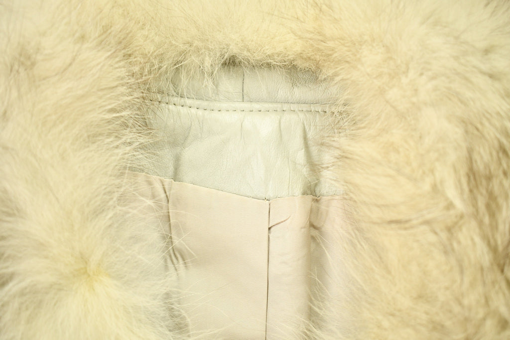Vintage 1970s Off White Leather With Grey Fox Trim Penny Lane Trench Coat