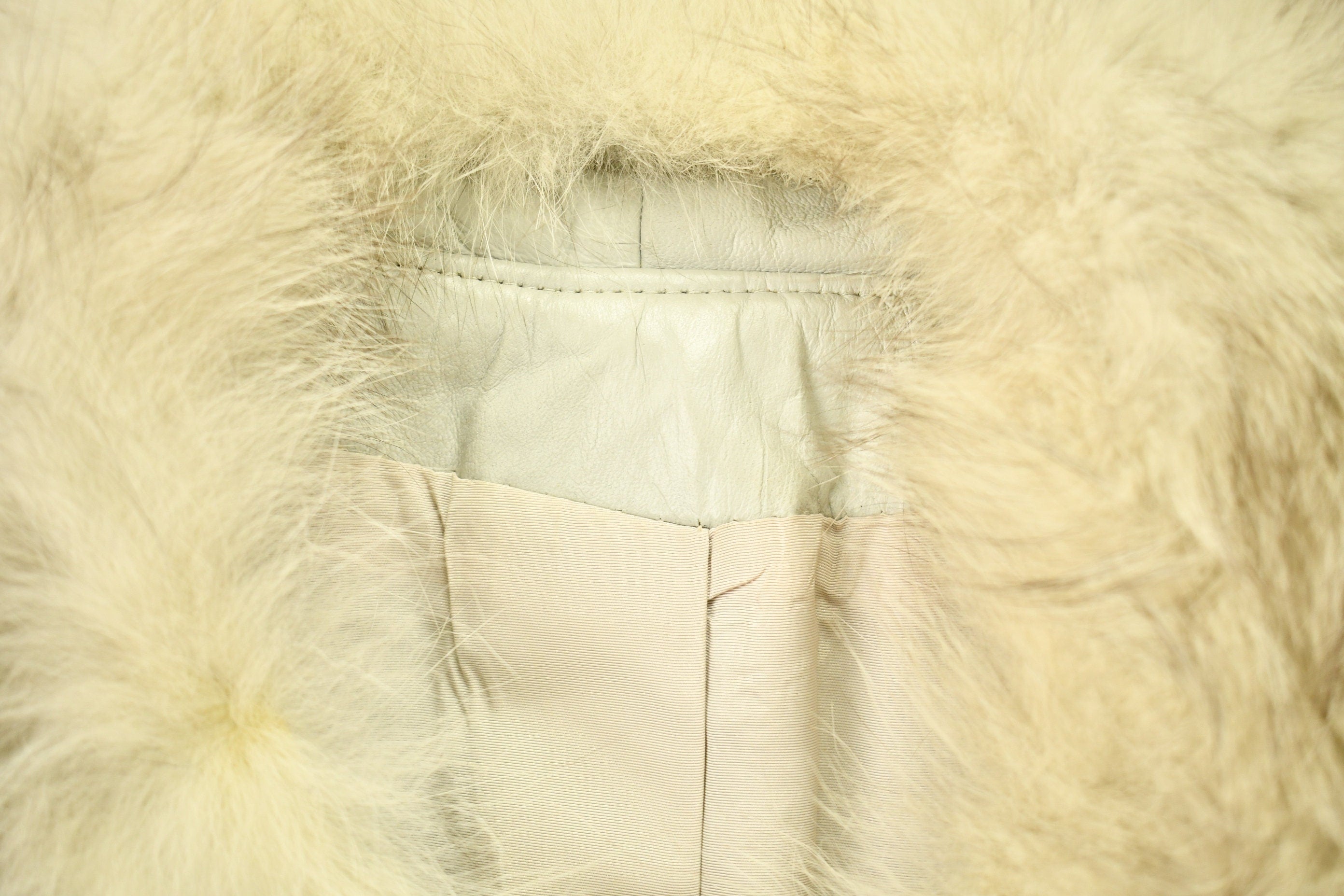 Vintage 1970s Off White Leather With Grey Fox Trim Penny Lane Trench Coat