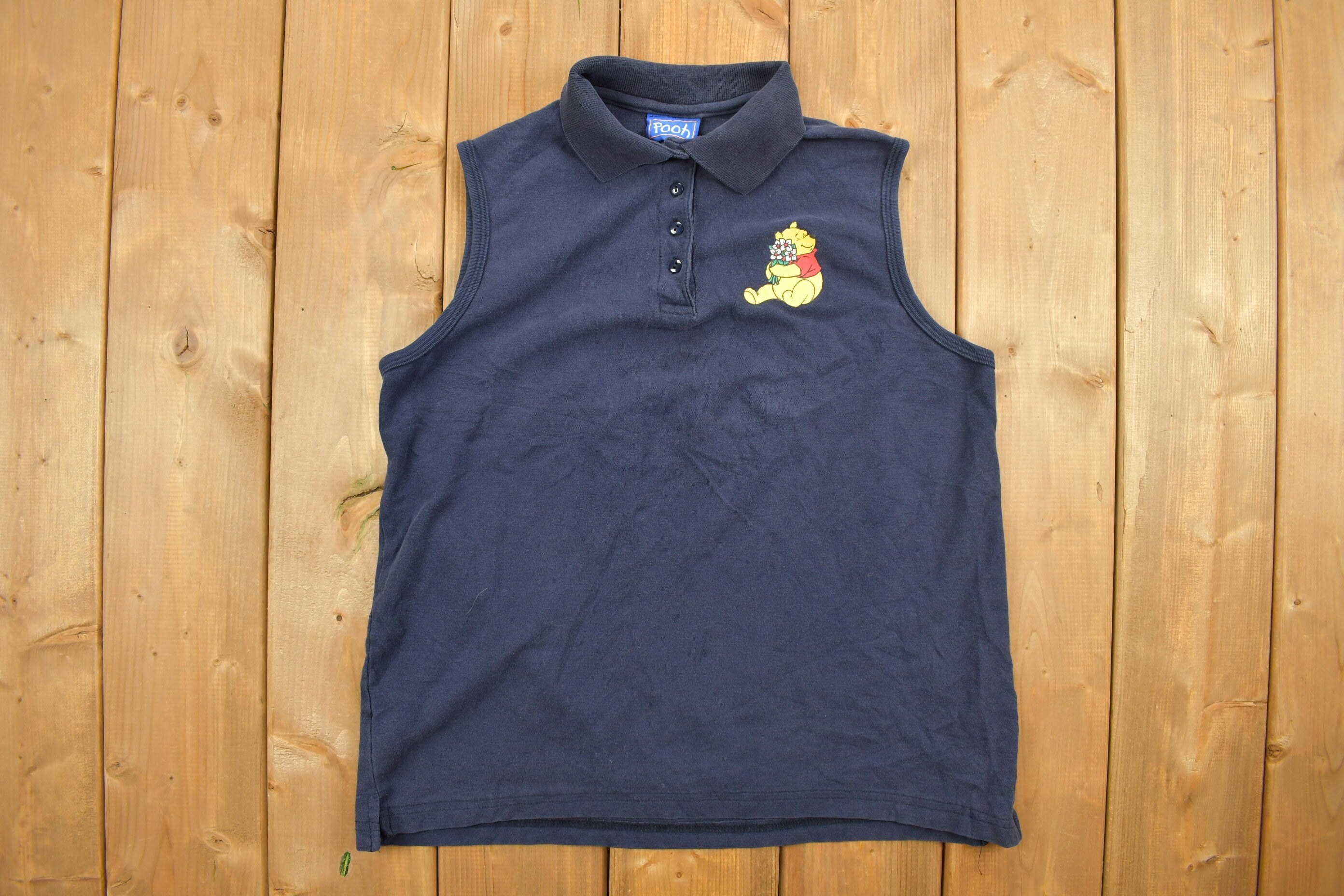 Vintage 1990s Winnie The Pooh Printed Sleeveless Polo Shirt