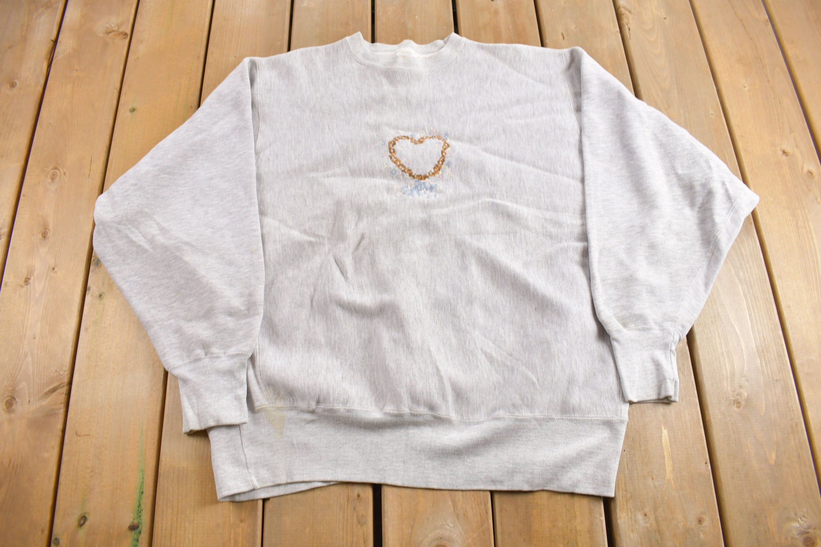 Vintage 1990s Hand Embroidered Heart Crewneck Sweatshirt