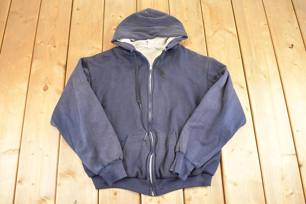 Vintage 1990s Navy Thermal Lined Thrashed Full Zip Hoodie Sweatshirt Men's M / 90's Sun Faded Thrashed Boxy Fit Streetwear Sweater