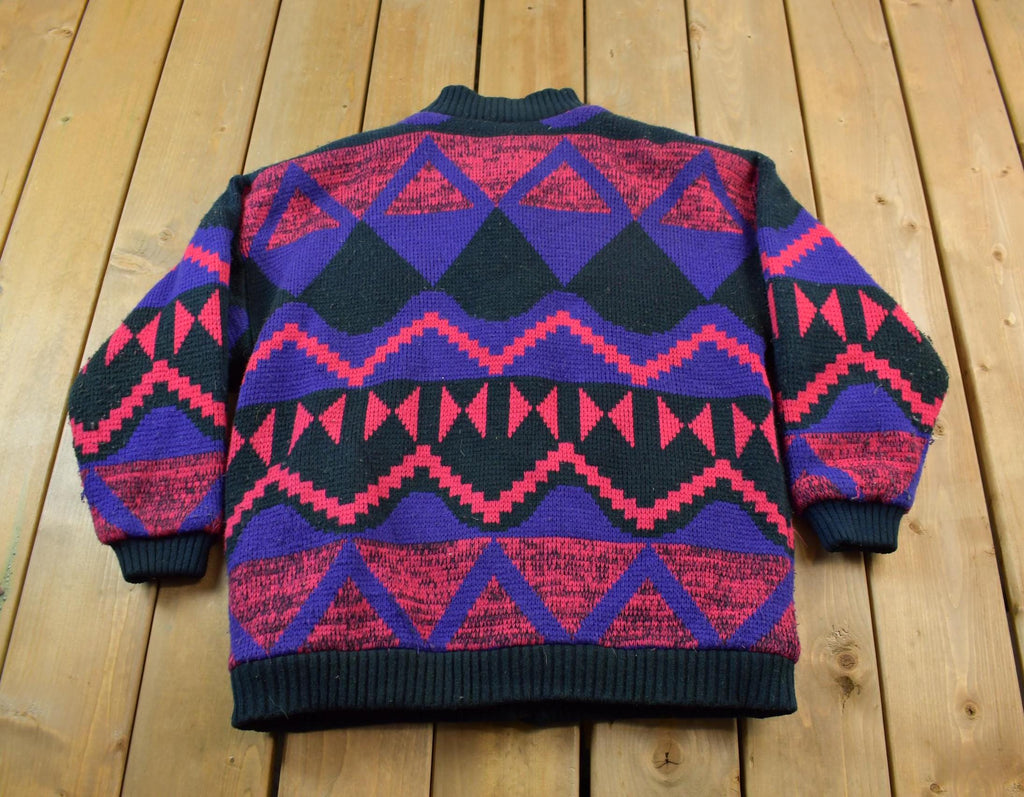 Vintage 1980s Express Knitted Abstract Cardigan Sweater Jacket
