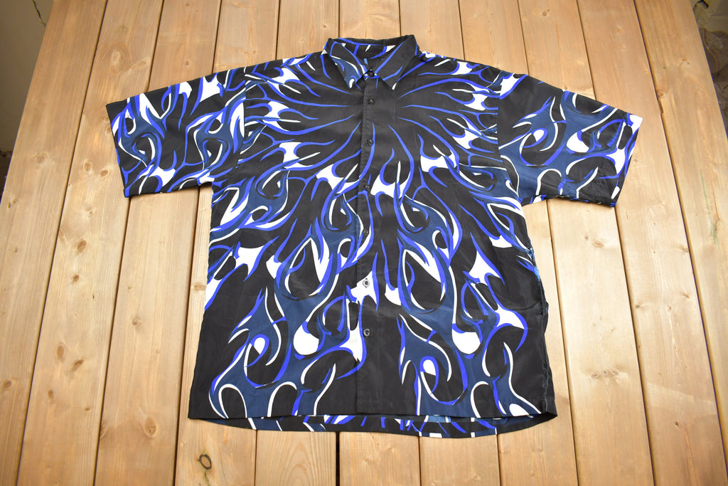 Vintage 1990s All Over Print Flame Graphic Button Up T-Shirt Flames Graphic