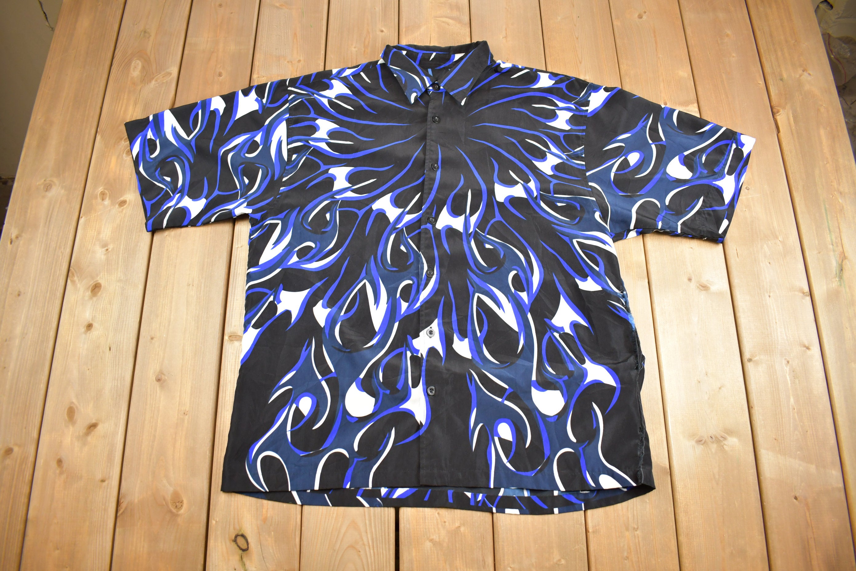 Vintage 1990s All Over Print Flame Graphic Button Up T-Shirt Flames Graphic