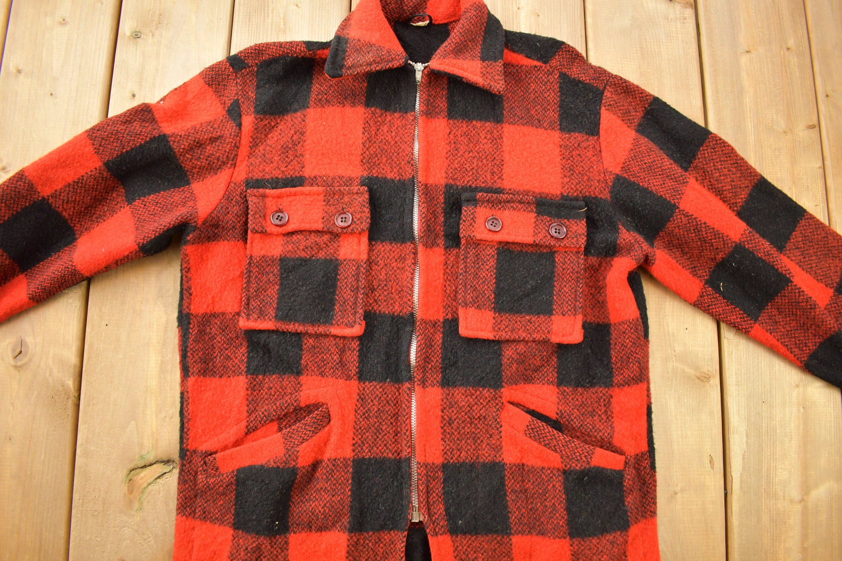 Vintage 1970s 100% Wool Buffalo Plaid Zip Up Jacket