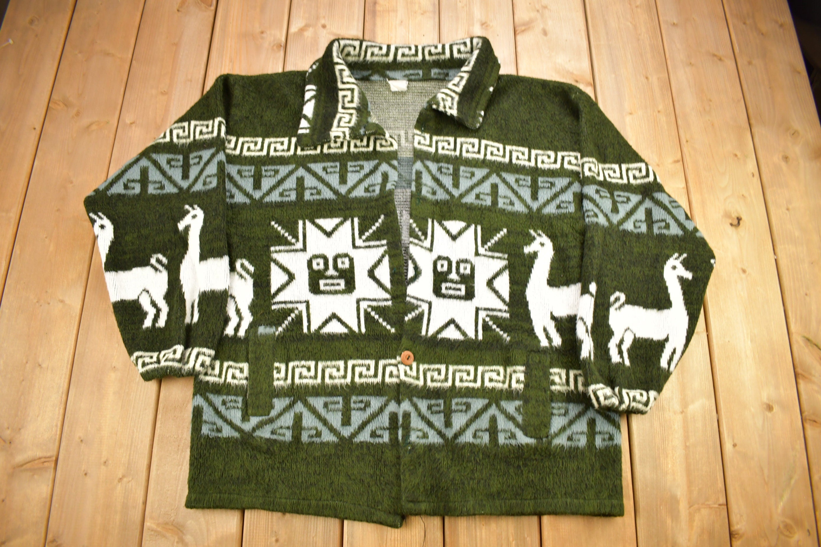 Vintage 1990s Animal Theme Aztec Pattern Knitted Button Up Sweater