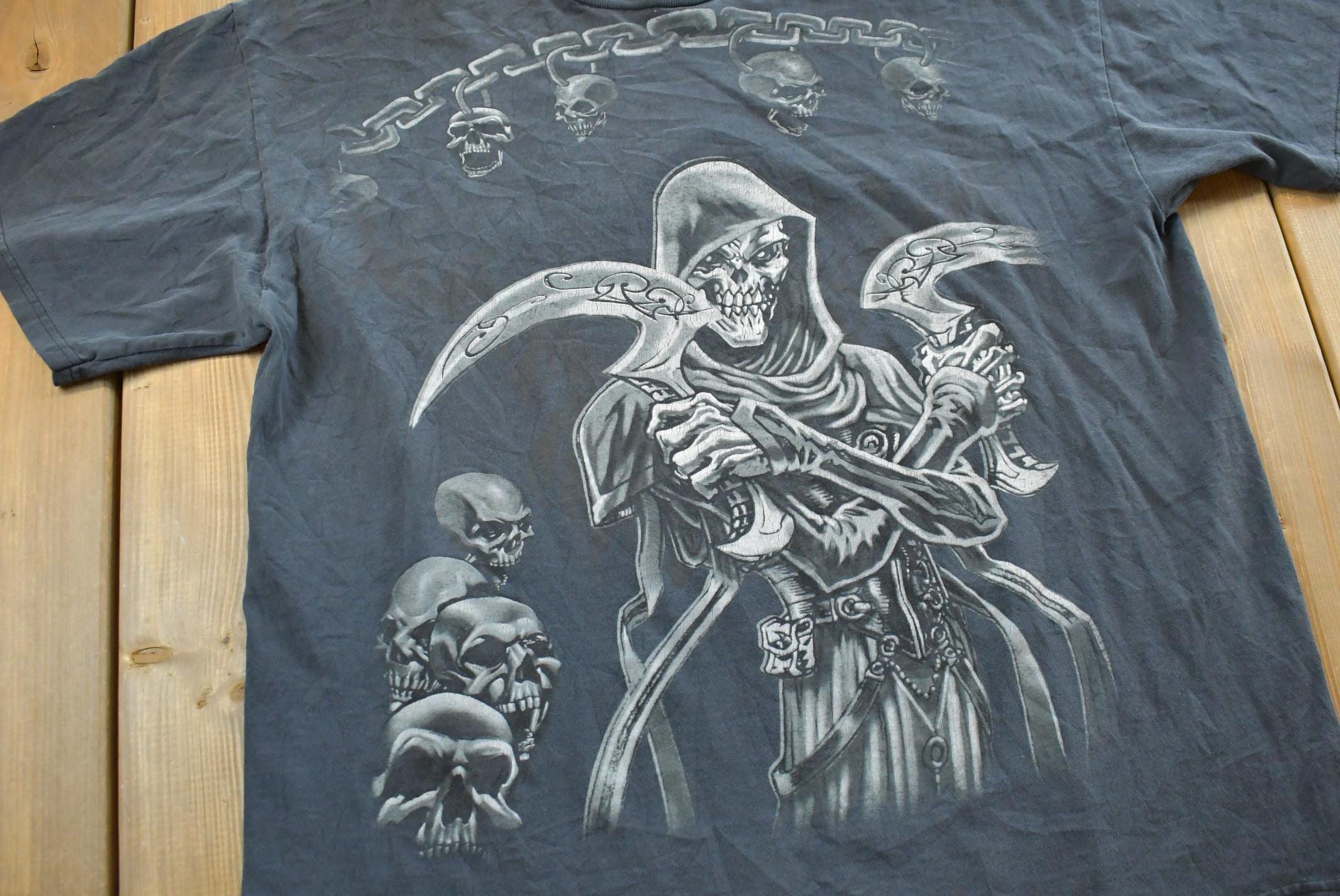 Vintage Y2K Skulls Grim Reaper Thermal Knit Long Sleeve Shirt Men's XL