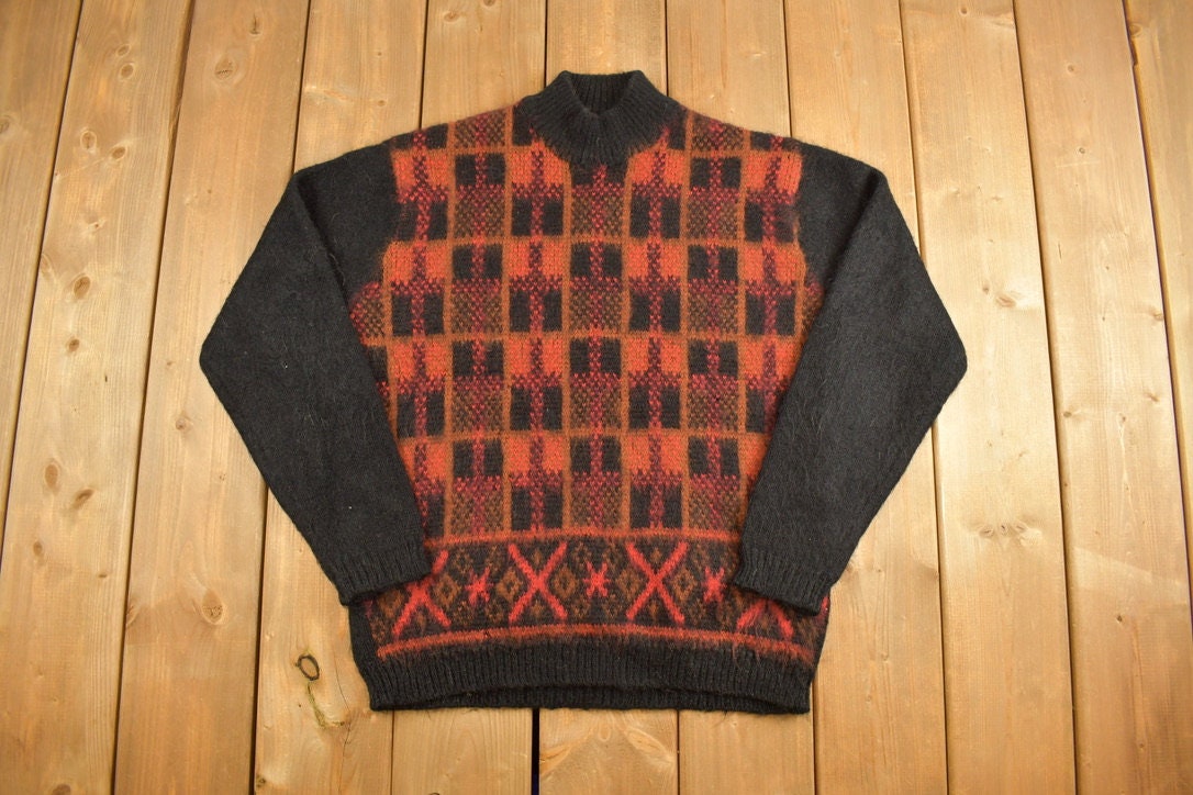 Vintage 1980s Knitted Mock Neck Sweater / 80s Mock Neck / Colourful / Sweatshirt / Turtle Neck / Vintage Crewneck / Formal / Abstract