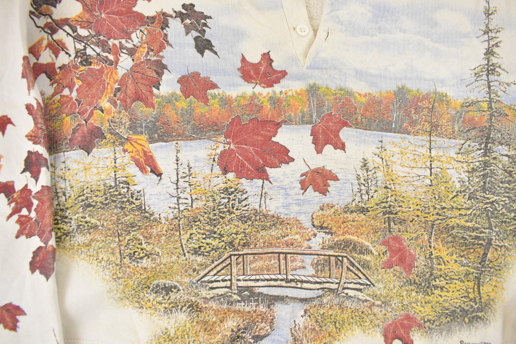 Vintage 1990s Art Unlimited Autumn Leaves All Over Print Landscape Henley Sweatshirt Men's XL