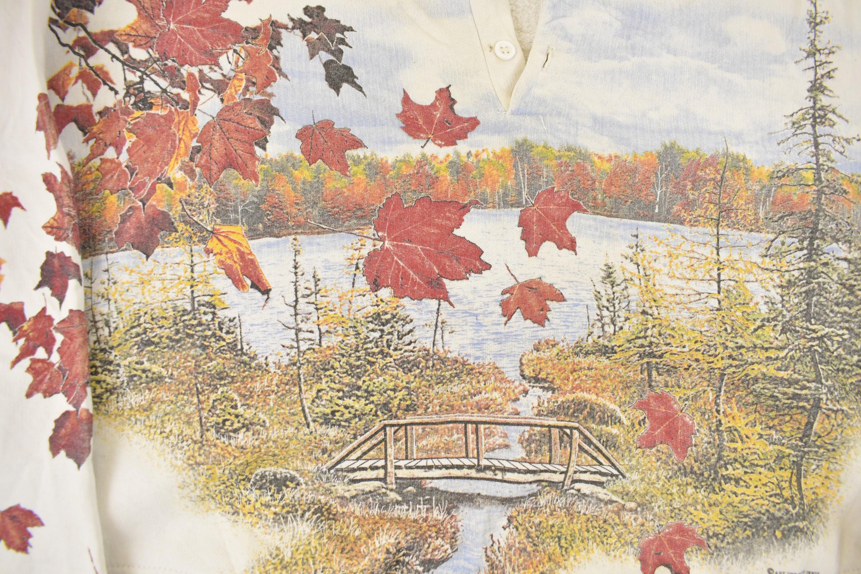 Vintage 1990s Art Unlimited Autumn Leaves All Over Print Landscape Henley Sweatshirt Men's XL