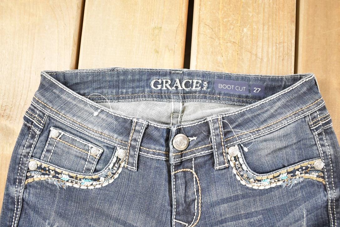 Vintage Deadstock Y2K Grace In LA Bedazzled Low Rise Jeans Women's Size 27 x 32