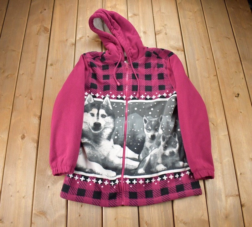 Vintage 1990s Classic Editions Wolf Theme Fleece Sweater /