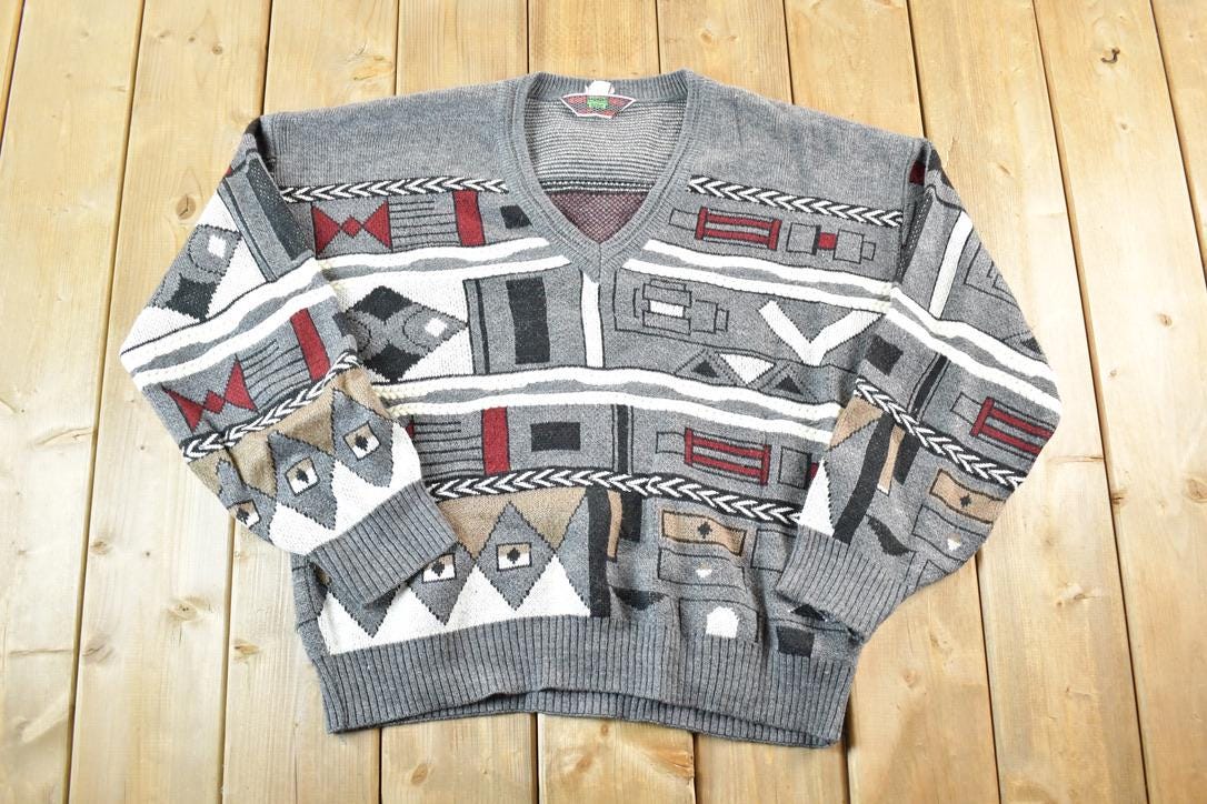Vintage 1990s Abstract Knit Crewneck Sweater Mens XL / 90s Crewneck / Preppy Knits / Wool Blend / Cotton Blend