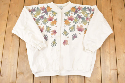Vintage 1990s Artisans Fall AOP Graphic Print Button Up Crewneck Sweatshirt Women's XL / Made In USA / 90's Destination Sweater