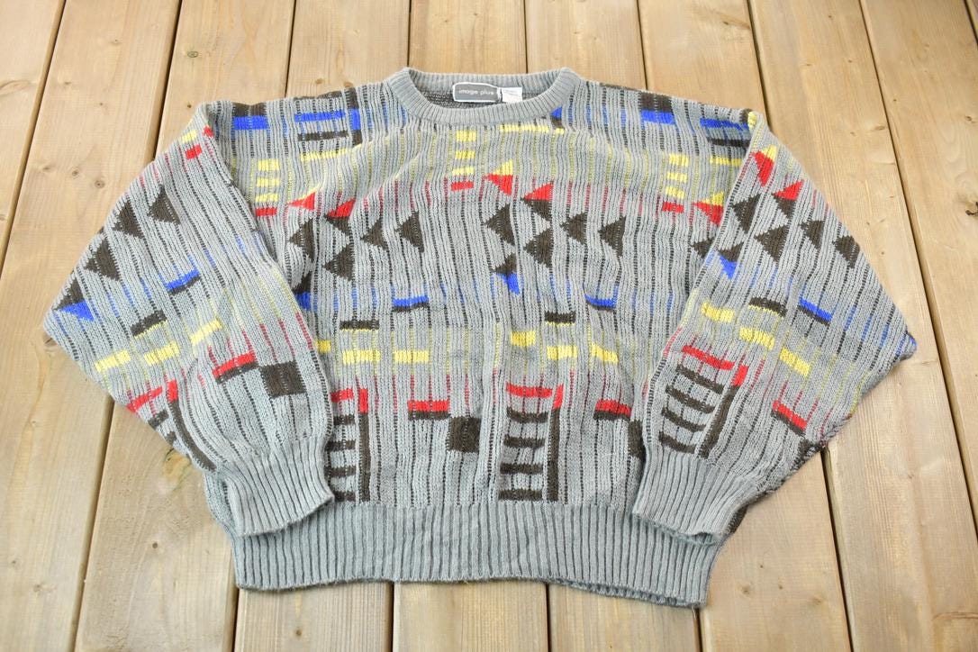 Vintage 1990s Image Plus Colorful Abstract Patterned Knit Crewneck Sweater  90s Crewneck  Boxy Fit  Size M