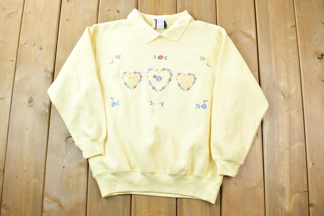 Vintage 1990s Double Collar Floral Design Cute Crewneck Sweater  90s Crewneck  Grandma Sweater  Streetwear  Made In USA  Animal Theme