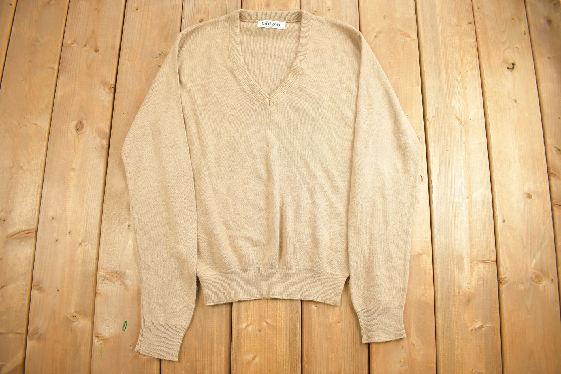 Vintage 1990s Beige Jantzen Knit Deep-V Sweater /