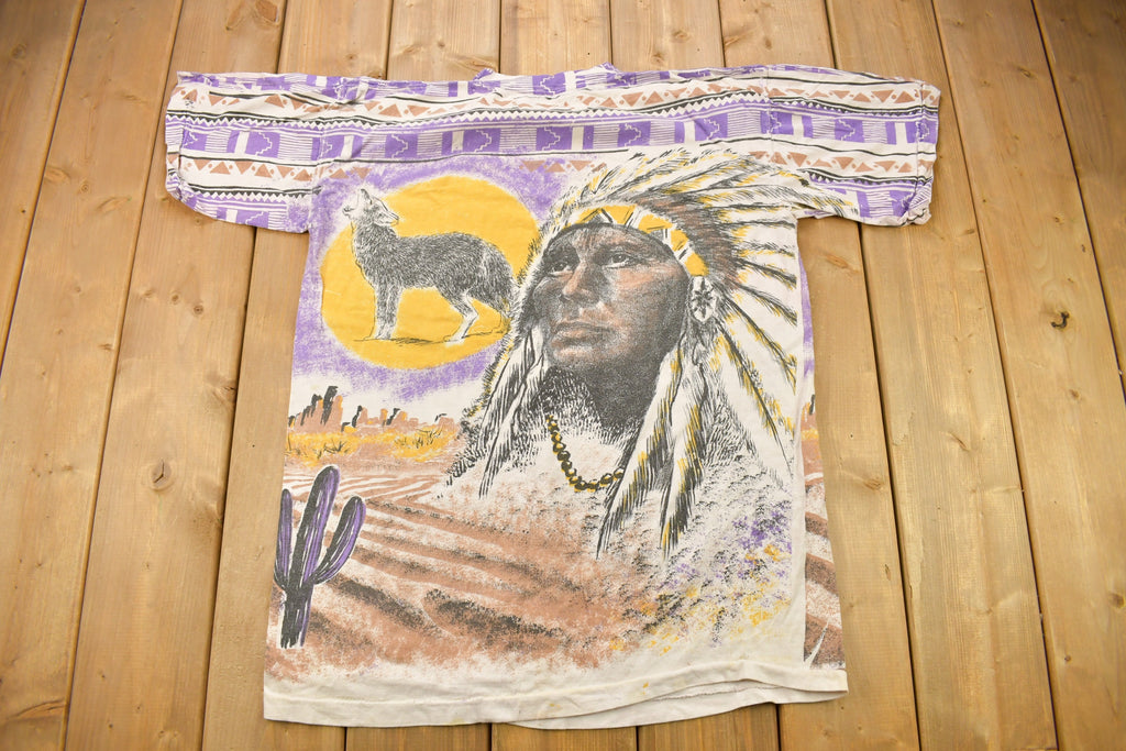 Vintage 1990s Native American Wolf Theme All Over Print Graphic T-Shirt