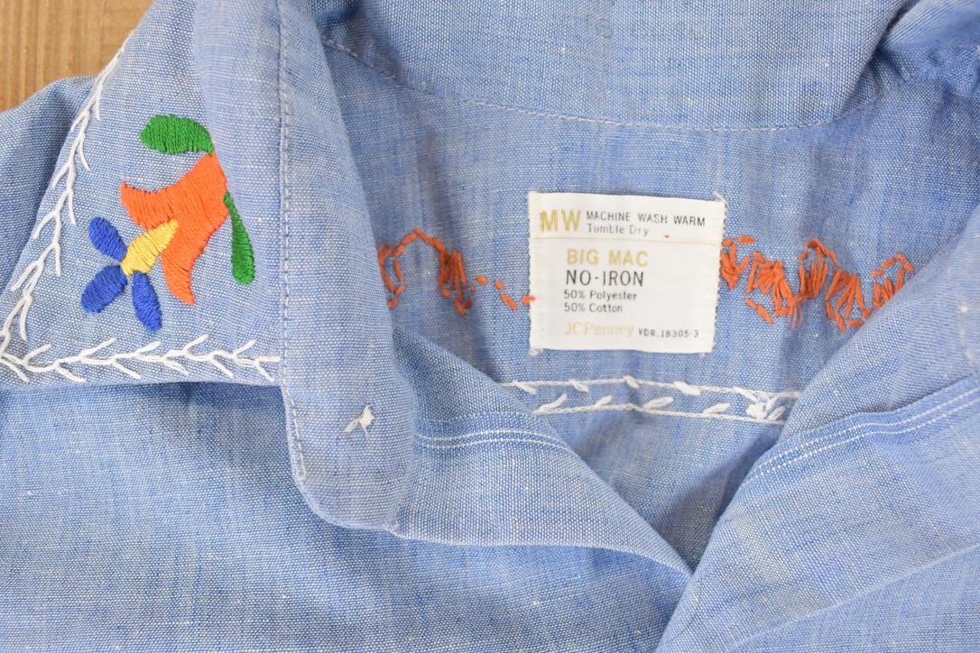 Vintage 1960s JC Penny Big Mac Loop Embroidered Western Denim Button Up Shirt Women's M