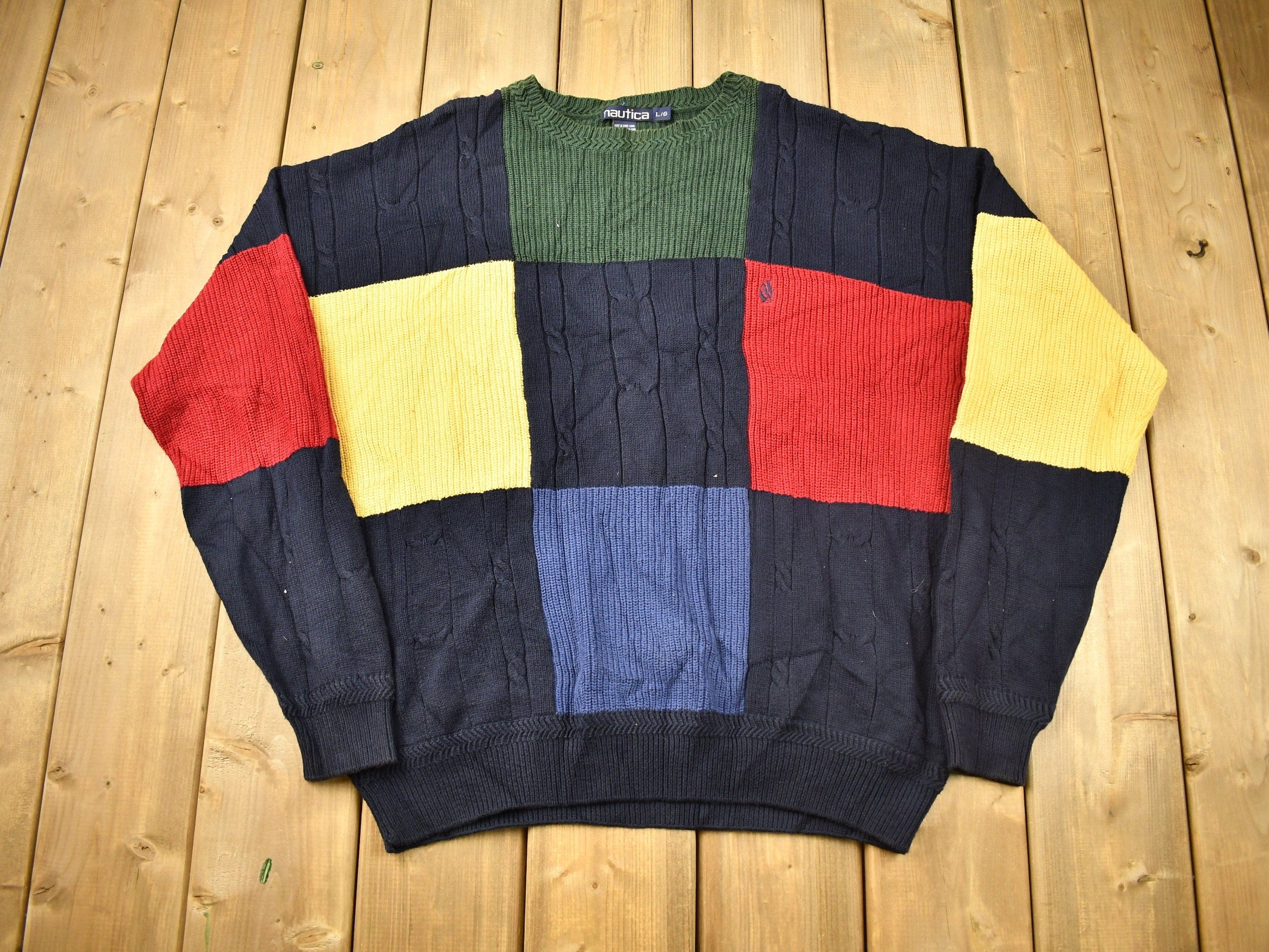 Vintage 1990s Nautica 3D Cable Knit Crewneck Sweater / Vintage 90s Crewneck / Color Block Pattern / / Streetwear / Colorful