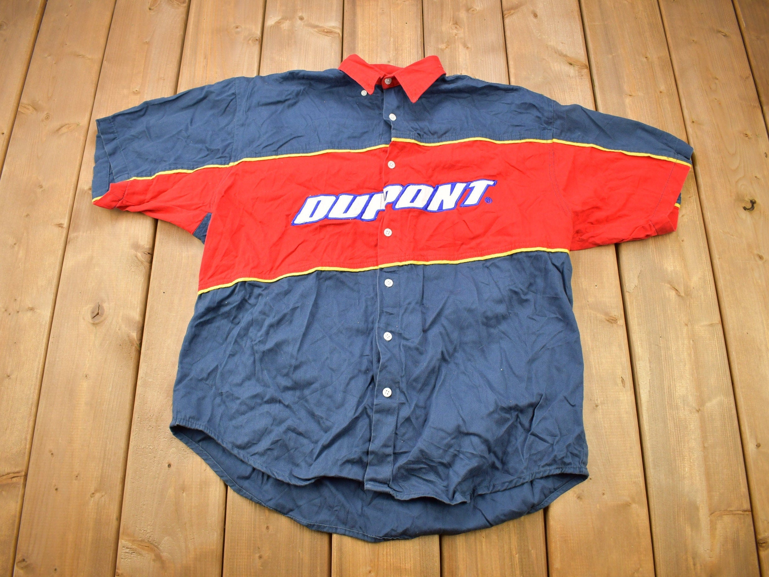 Vintage 1990s Jeff Gordon Dupont NASCAR Pit Crew Shirt  90s  Y2K Style  Streetwear Fashion  Embroidered Patchwork  Racing  Color Block