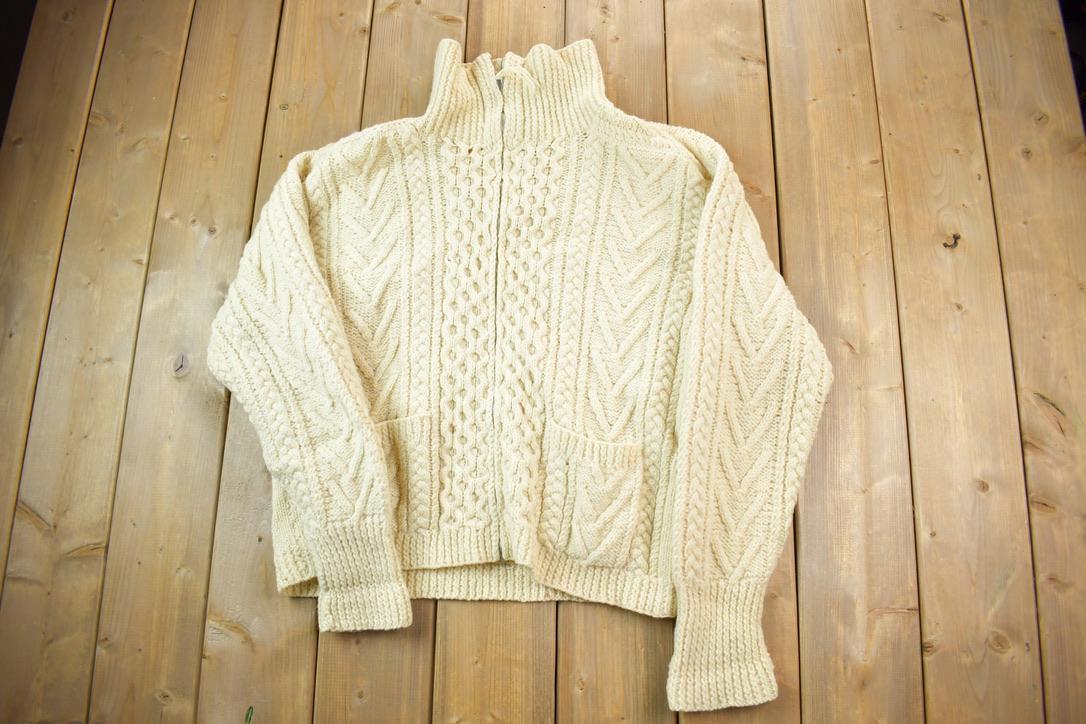 Vintage 1970s Tan Cable Knit Full Zip Sweater