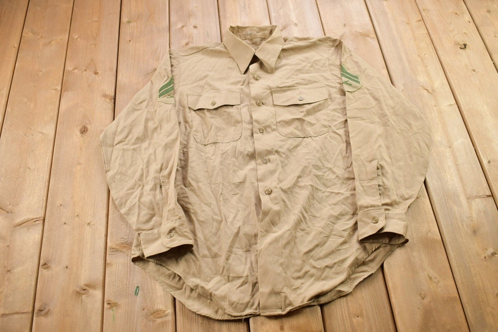 Vintage 1990s USMC Beige Blank Military Button Up Shirt
