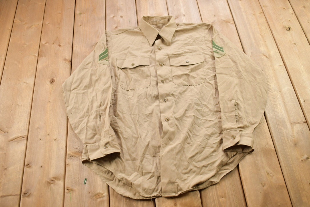 Vintage 1990s USMC Beige Blank Military Button Up Shirt