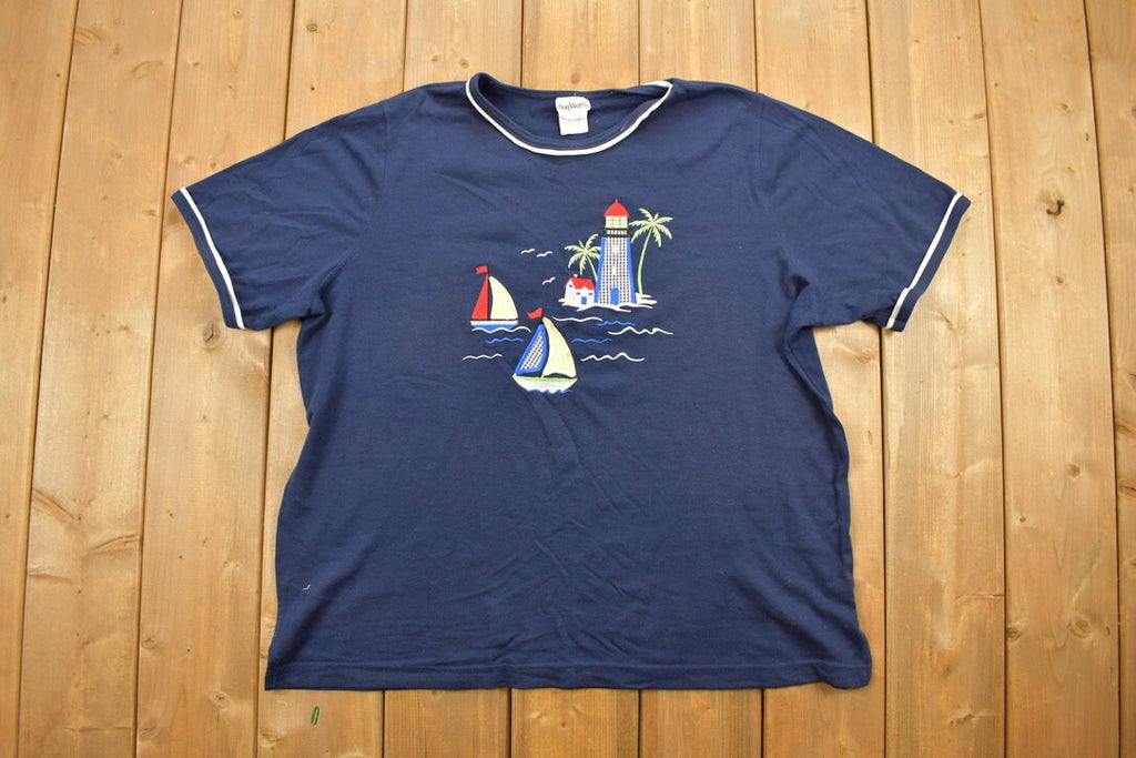 Vintage 1990s Embroidered Sailing Boats Beach Themed T-Shirt