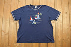 Vintage 1990s Embroidered Sailing Boats Beach Themed T-Shirt