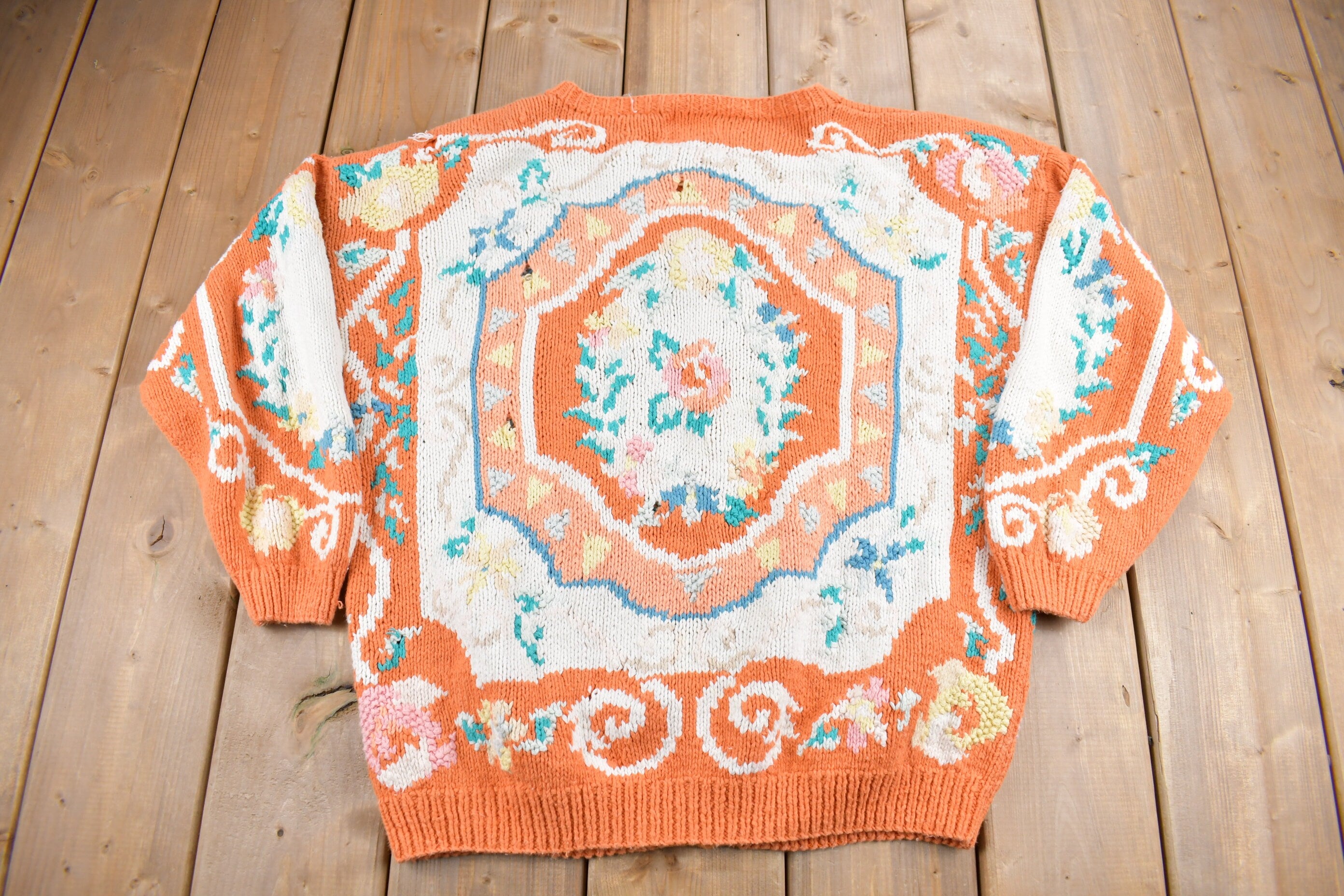Vintage 1990s Orange Abstract Pattern Cardigan Sweater