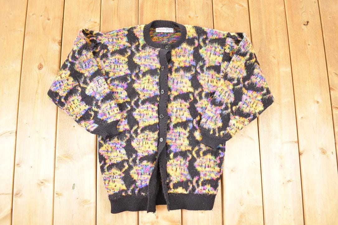 Vintage 1970s Wani Oswal Abstract Wool Knit Cardigan Sweater Women's S
