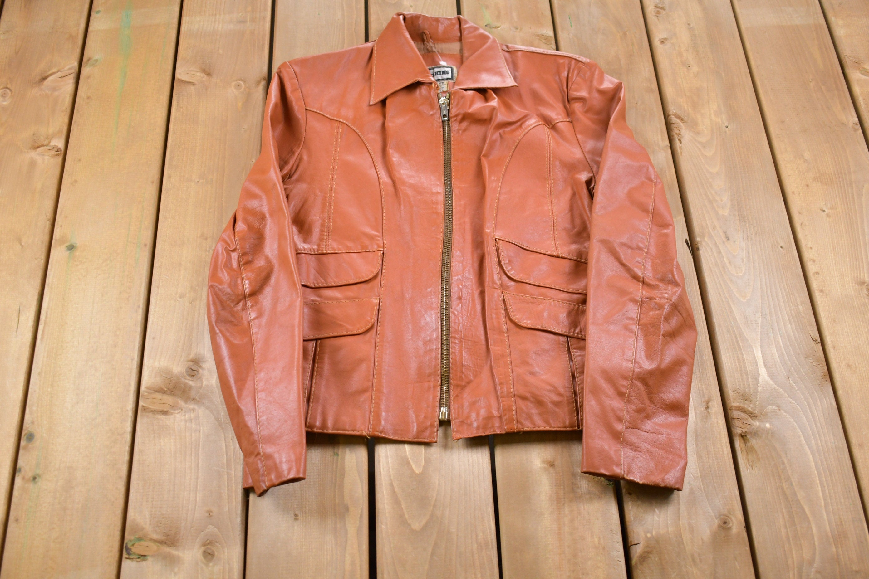Vintage 1970s Chess King Leather Zip Up Jacket  Fall Outerwear  Leather Coat  Winter Outerwear  Streetwear Fashion  Brown Leather