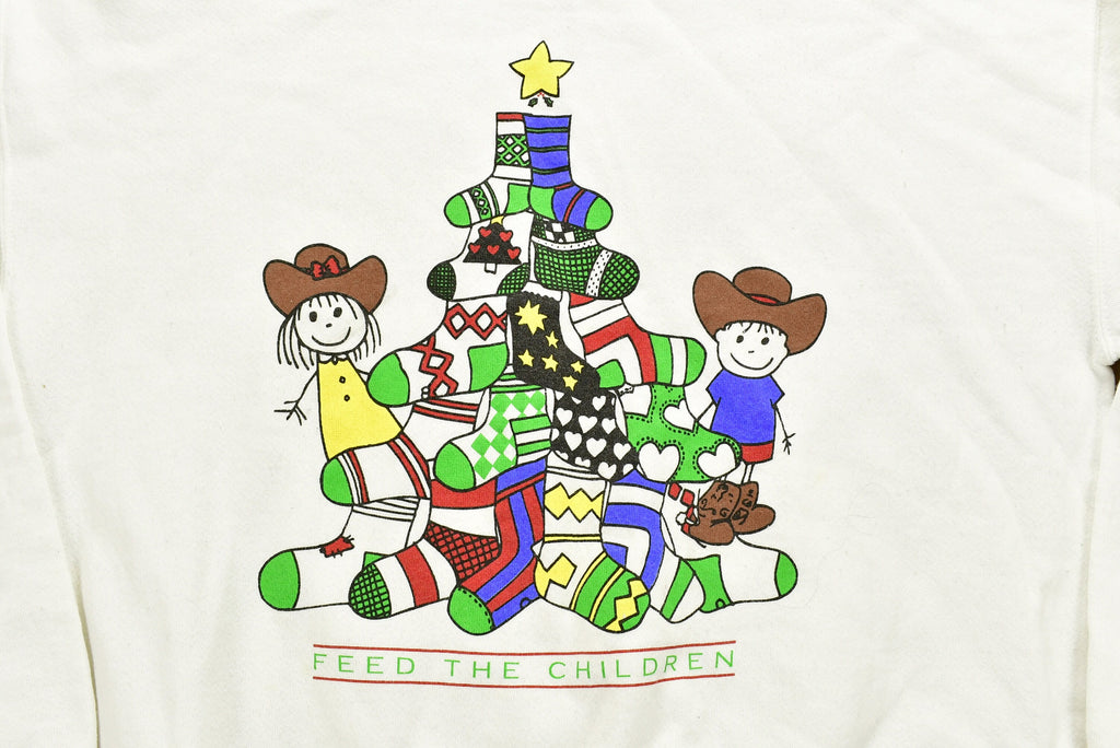 Vintage 1990s "Feed The Children" Graphic Christmas Sweater , 90s Holiday Crewneck , Winter Wear , Festive Graphic Print