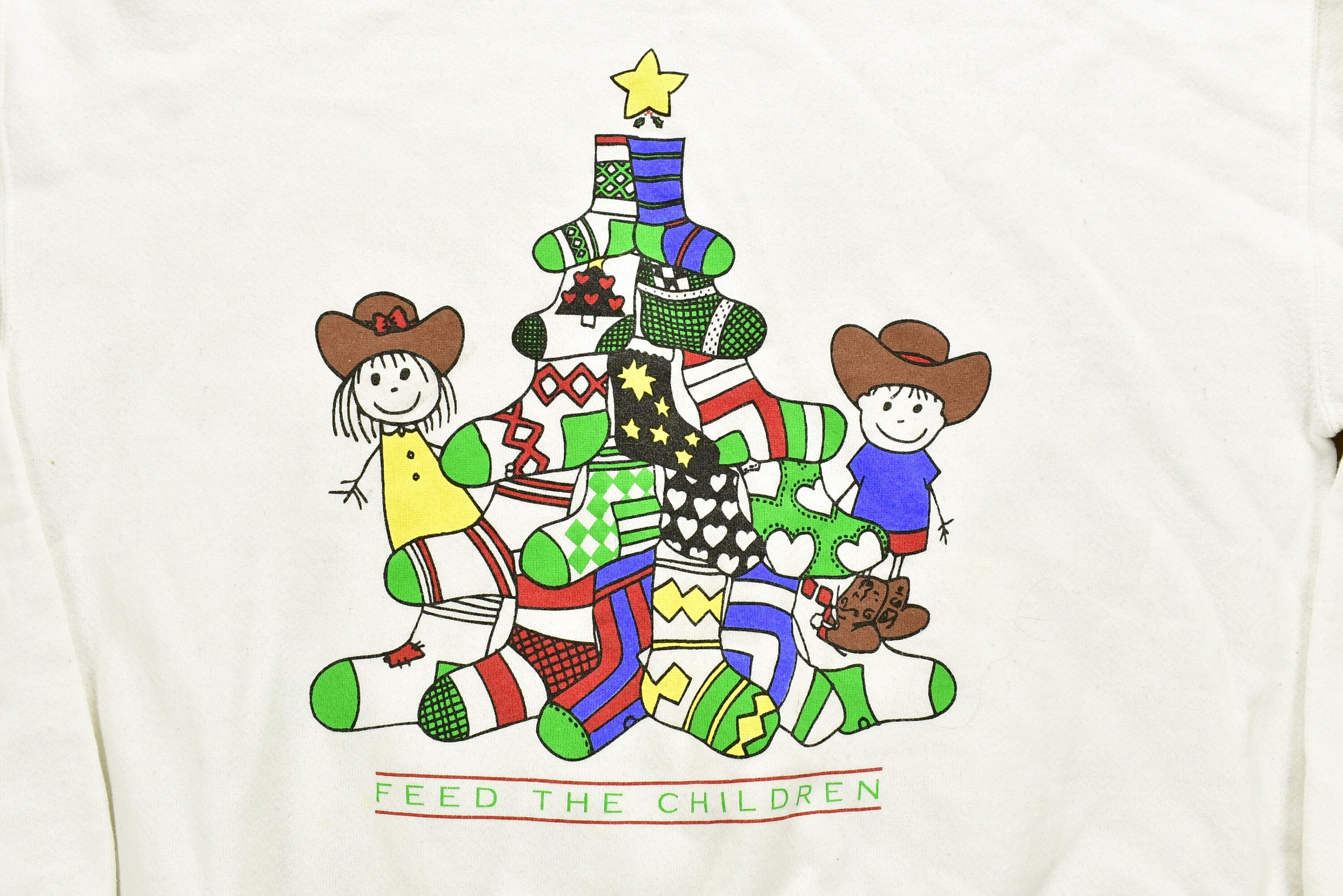 Vintage 1990s "Feed The Children" Graphic Christmas Sweater , 90s Holiday Crewneck , Winter Wear , Festive Graphic Print