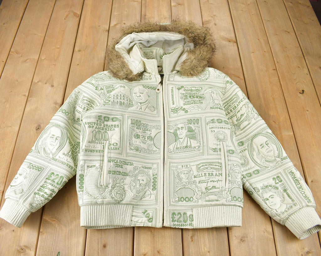 Vintage 1990s Tanners Avenue Leather Mosaic Bank Note 100 Dollar Bills Embroidered Bomber Jacket