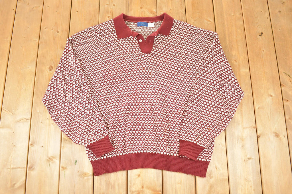 Vintage 1990s Towncraft Qauarter Button Knit Crewneck Sweater Mens L Tall