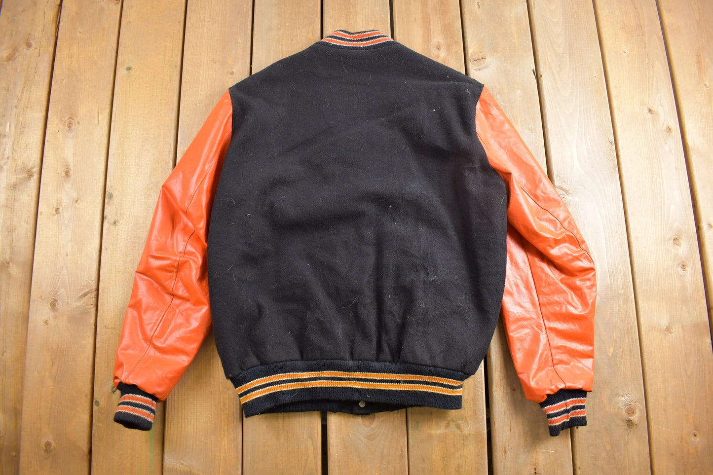 Vintage 1980s Black And Orange Leather Varsity Jacket / Fall Outerwear / Leather Coat / Winter Outerwear / Streetwear / Suede Jacket