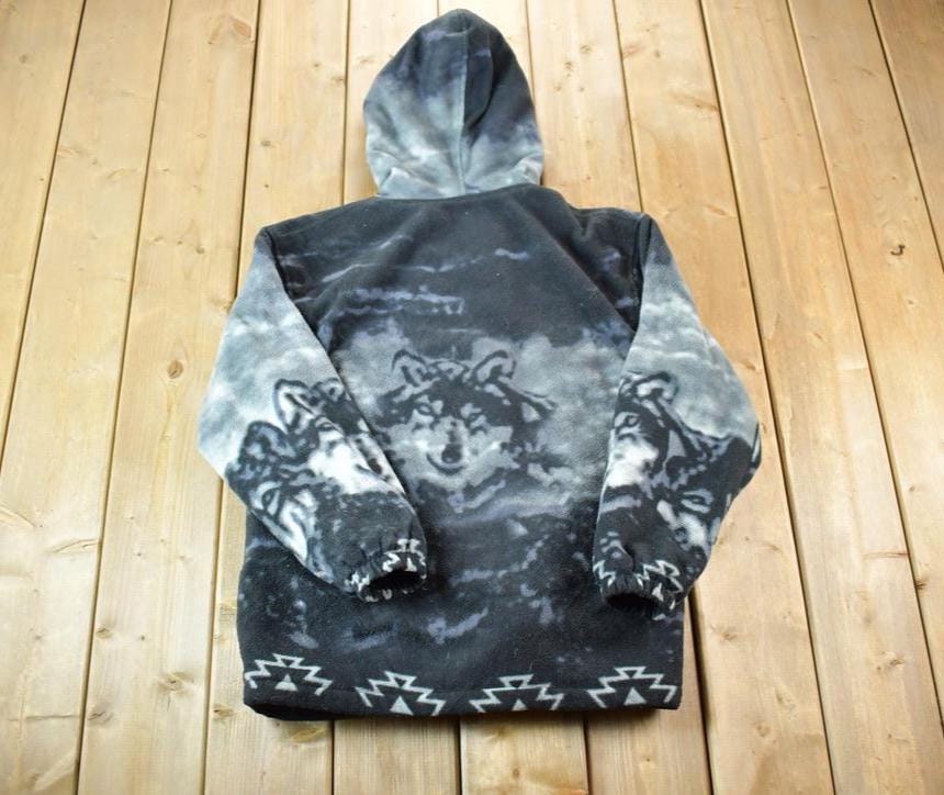 Vintage 1990s AOP Wolves Fleece Outdoorsman Hooded Zip Up Sweater