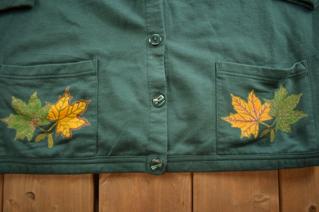 Vintage 1990s Canada North Fall Leaves Blank Button Up Sweater Made In Canada
