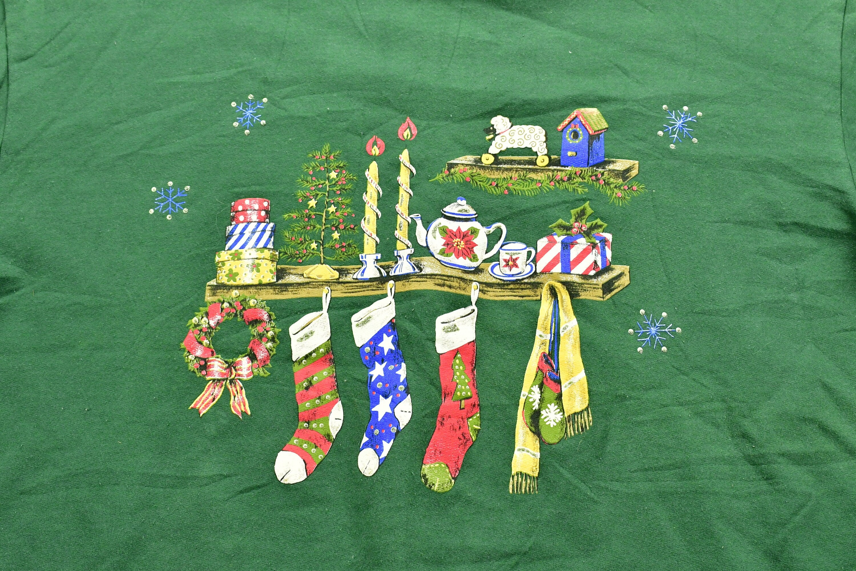 Vintage Christmas Sweater , 90s Holiday Crewneck , Winter Wear , Festive Stocking Graphic Print