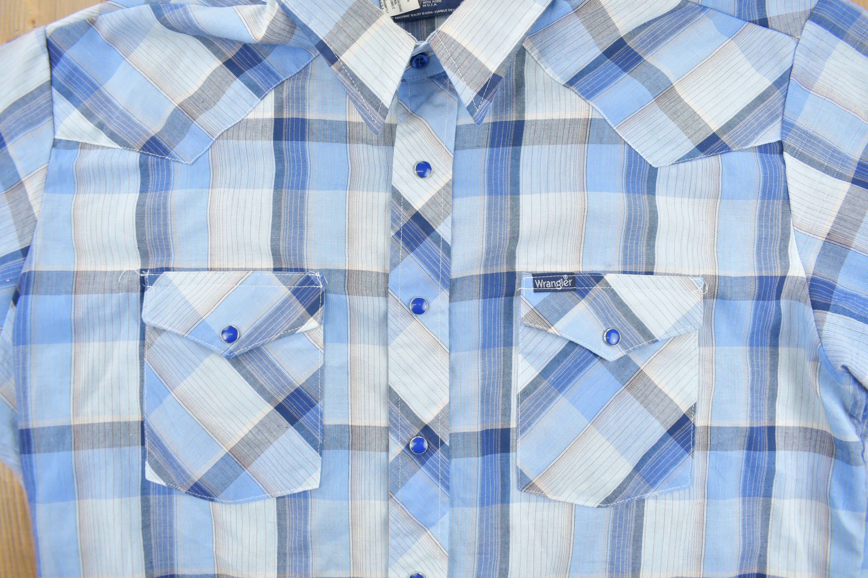 Vintage 1990s Wrangler Western Shirts Pearl Snap Short Sleeve Plaid Button Up Shirt