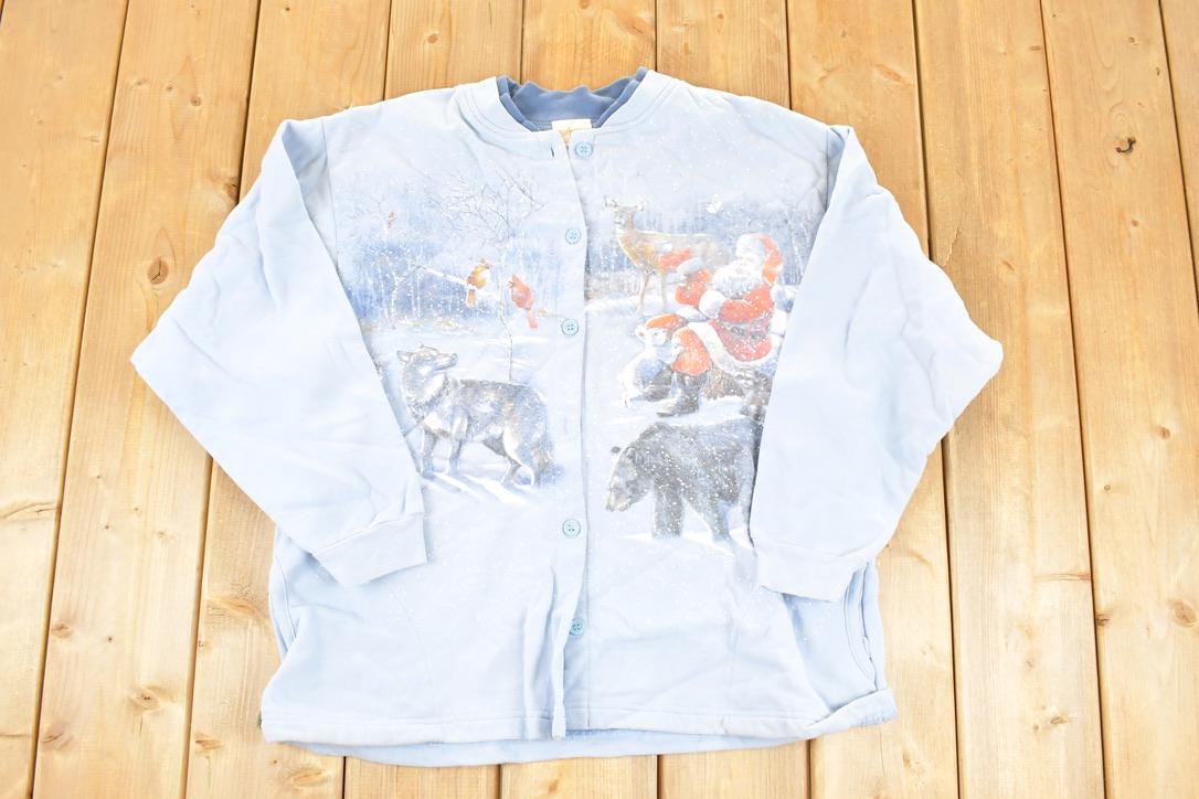 Vintage 1990s Artisans AOP Christmas Button Up Double Collar Crewneck Sweatshirt Men's M / Made In USA / 90s Xmas Crewneck