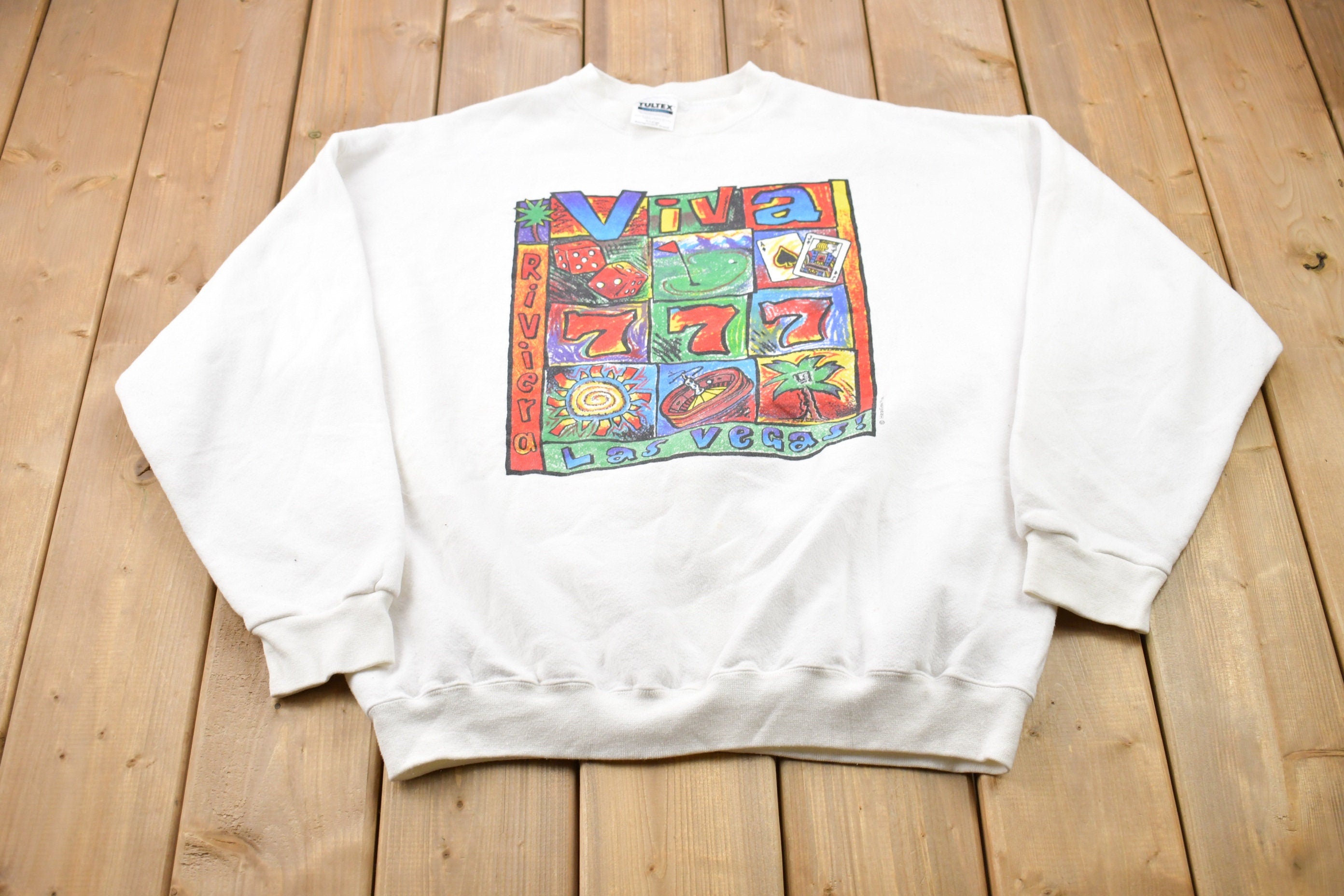 Vintage 1990s Viva Las Vegas Gambling Graphic Crewneck Sweatshirt