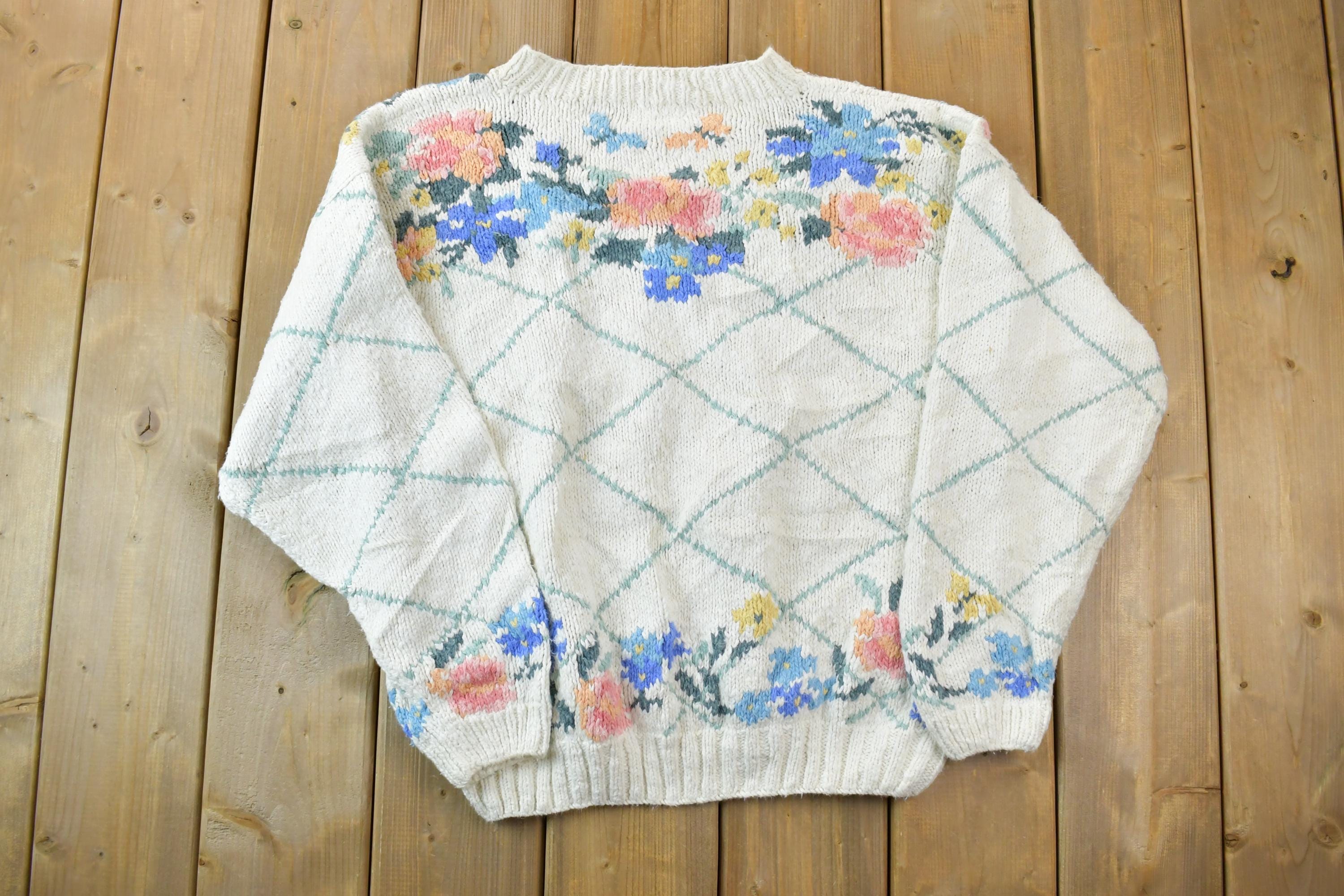 Vintage 1990s LL Bean Floral Design Knit Crewneck Sweater / 90s Crewneck / Made In USA / Preppy Knit